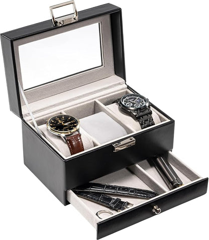 ProCase Watch Box, 3 Slot Watches Display Case with Drawer, Mens Watch Case with Glass Lid, 2-Layer Mens Jewelry Organizer Storage Holder, Birthday Valentine Gifts for Men-3 Slot, Black