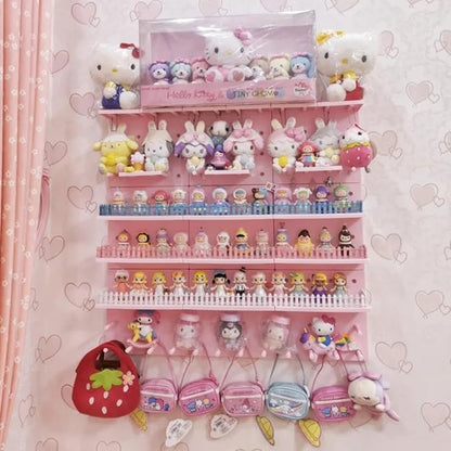 HGYZE Peg Boards for Wall with Shelf & Hooks, No Punching Craft Storage, Small Pegboard Ledges Organizer for Hanging Keychains, 4 Pack Decorative Wall Panel Kits for Blindboxes Lightweight Dolls, Pink