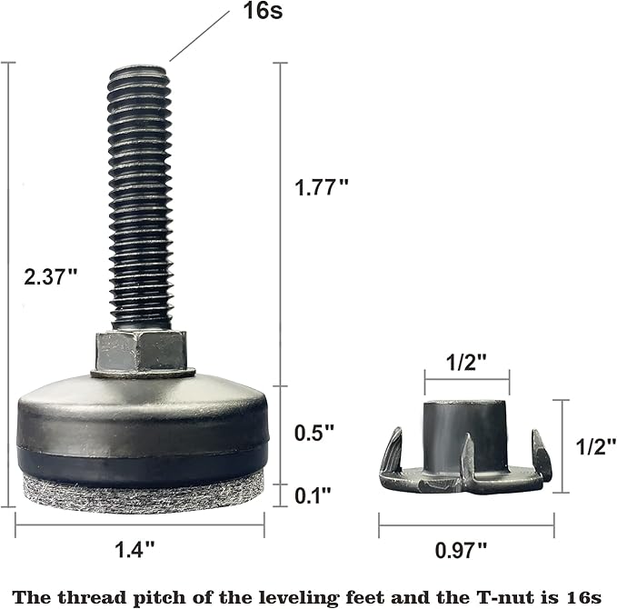 3/8" Threaded Leveling Feet Adjustable Table/Furniture Feet Levelers Screw on Heavy Duty Desk/Chair/Cabinet/Dresser/Bench Leg Leveler Screw in with Threaded Inserts(3/8-16,Large Base,Black,4 Pack)