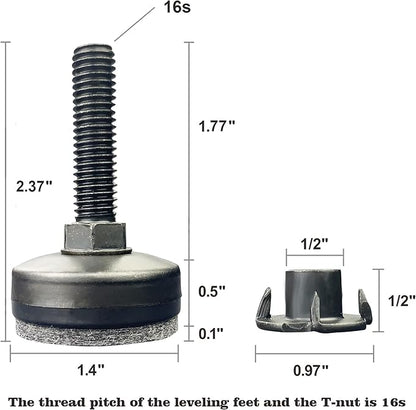 3/8" Threaded Leveling Feet Adjustable Table/Furniture Feet Levelers Screw on Heavy Duty Desk/Chair/Cabinet/Dresser/Bench Leg Leveler Screw in with Threaded Inserts(3/8-16,Large Base,Black,4 Pack)