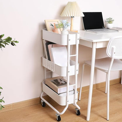 MAX Houser Slim 3-Tier Rolling Utility Cart, Narrow Metal Bathroom Storage Multifunctional Organizer Carts with Wheels with Extra Hook, Laundry Room,Kitchen,Small Space(White)
