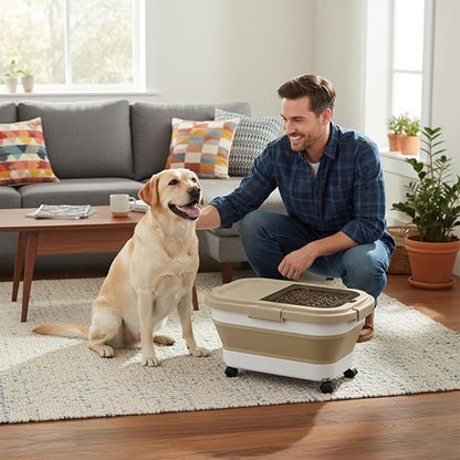 Ca15 Lbs Dog/Cat Food Storage Container,Collapsible Food Storage Containers with Rolling Wheel Airtight Locking Lid,Pet Food Storage Container with Cup and Scoop,Khaki