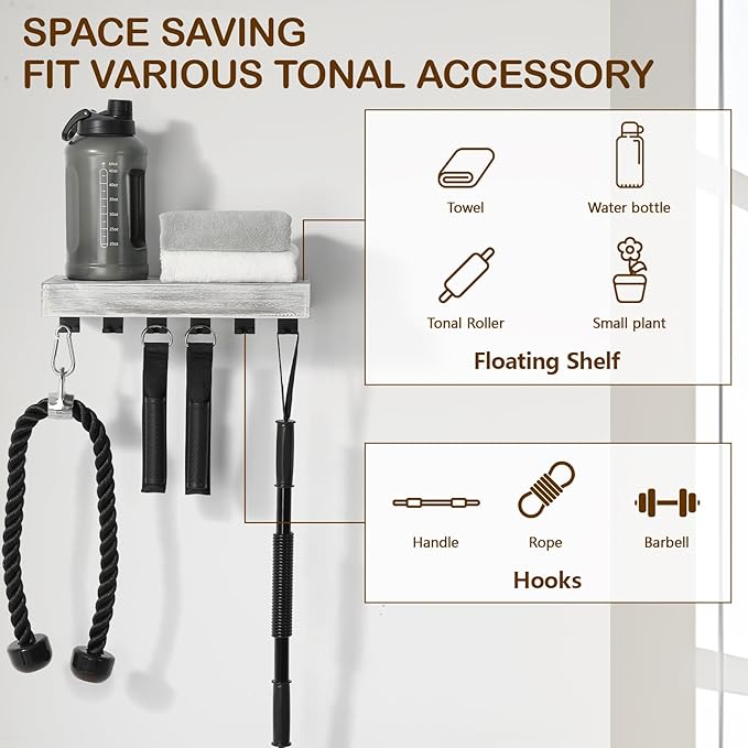 Tonal Accessory Shelf, Wall Mount Floating Shelf Organizer Fits Various Home Gym Accessories, Heavy Duty Space Saving Tonal Storage Rack with 6 T-Locks Clips Hooks Adapters Hanger, White