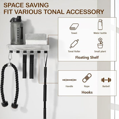 Tonal Accessory Shelf, Wall Mount Floating Shelf Organizer Fits Various Home Gym Accessories, Heavy Duty Space Saving Tonal Storage Rack with 6 T-Locks Clips Hooks Adapters Hanger, White