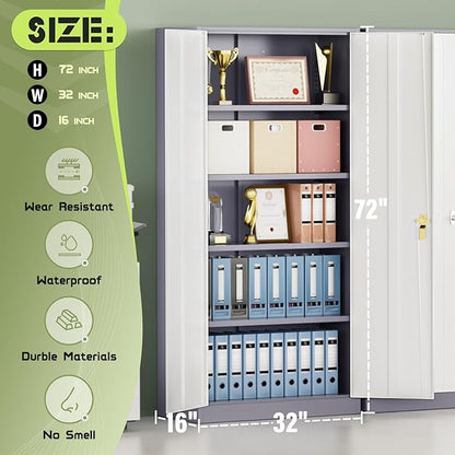 Oakcloud Metal Storage Cabinet Tool Organizer, 72" Lockable Garage Storage Tool Cabinets with 2 Doors and 4 Adjustable Shelves, Locking File Cabinet for Office, Home, School (72“ Standard-GreyWhite)