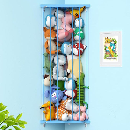 Stuffed Animal Storage Shelf Organizer(Patented) - Corner Stuffed Animal Holder Length Adjustable - Wall Plush Storage for Nursery Playroom Bedroom Kids Room (Blue, Standard)