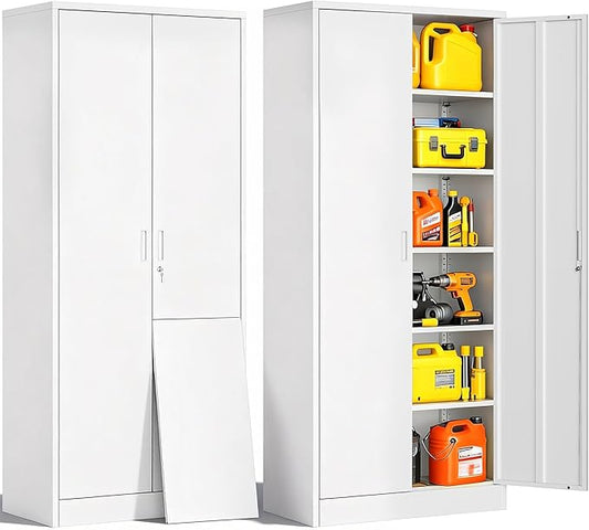 CJF Metal Storage Cabinets with 5 Adjustable Shelves, 71" H Locking Storage Cabinet for Garage, Office, School - White