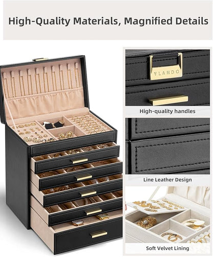 Vlando 6 Layer Large Jewelry Box - Jewelry Holder Organizer, Jewelry Box Organizer for Drawer Necklace Ring Bracelet and Watch, Birthday Gift for Loved Ones - Black