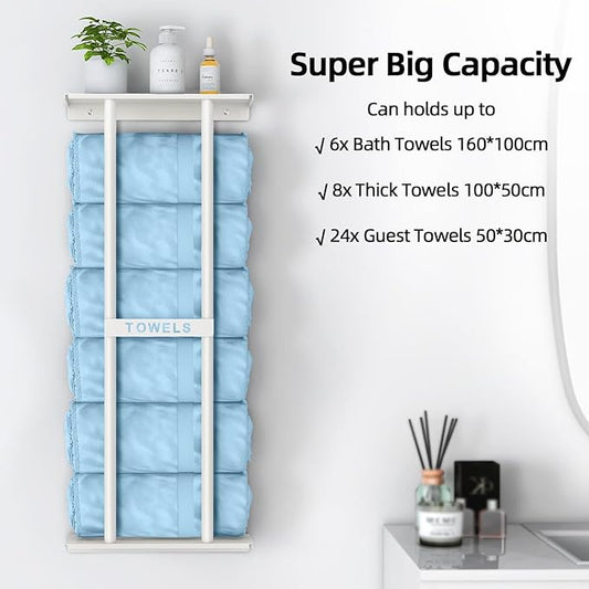 Wall Towel Rack for Rolled Towels, Towel Storage for Small Bathroom Can Holds 6 Large Towels, 30 inch Towel Racks with Shelf, White