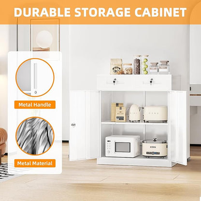 INTERGREAT Metal Cabinet with Drawers, Lockable Storage Cabinet with Doors and Shelves for Garage, White 42" 36" 18"