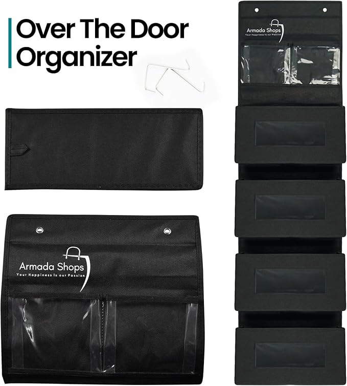 4 Tires Over The Door Organizer- Hanging Shelves with 2 Large Capacity Pockets-Storage Organizer For Kitchen, Baby Organizer Toys Nursery, Bathroom, Bedroom Hanging Closet Organizer-Black