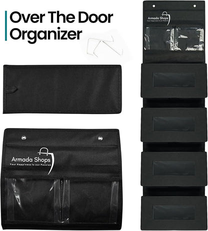 4 Tires Over The Door Organizer- Hanging Shelves with 2 Large Capacity Pockets-Storage Organizer For Kitchen, Baby Organizer Toys Nursery, Bathroom, Bedroom Hanging Closet Organizer-Black