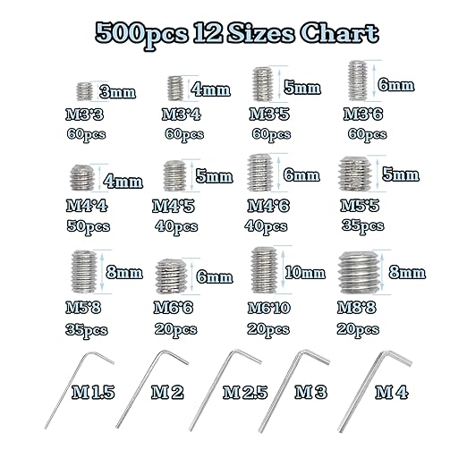 500pcs Set Screws, Grub Screw Set, Set Screws Assortment Kit M3 M4 M5 M6 M8 for Home Repair, Repair Furniture, Electronic Product, Install Door Lock, DIY, Bathroom Fixtures (Stainless Steel 12 Sizes)