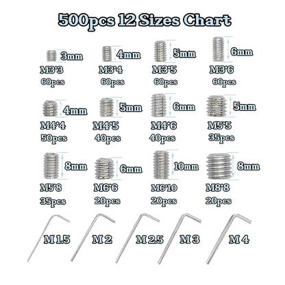 500pcs Set Screws, Grub Screw Set, Set Screws Assortment Kit M3 M4 M5 M6 M8 for Home Repair, Repair Furniture, Electronic Product, Install Door Lock, DIY, Bathroom Fixtures (Stainless Steel 12 Sizes)