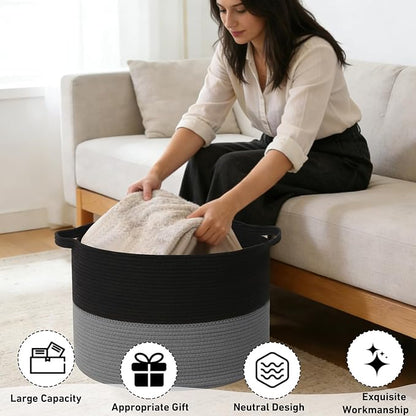 115L Large Blanket Basket,23.6"L x 23.6"W x 15.7"H Rope Woven Baskets with Handles, Toys Storage Bins,Laundry Basket Perfect for Living Room, Nursery,Bedroom,Home Organization,Black&Dark Grey
