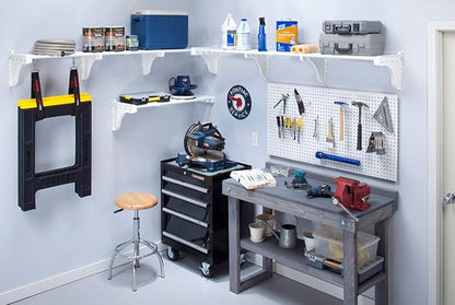 EZ Shelf-Expandable-Garage Shelf- -White- Easy to Install -Strong (up to 250 Lbs)- Wire Shelving Alternative –Wall Mounted Garage Shelf Organizer (White, 40.5"-225")