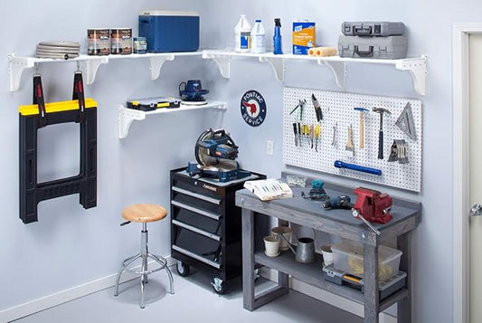 EZ Shelf-Expandable-Garage Shelf- -White- Easy to Install -Strong (up to 250 Lbs)- Wire Shelving Alternative –Wall Mounted Garage Shelf Organizer (White, 40.5"-225")