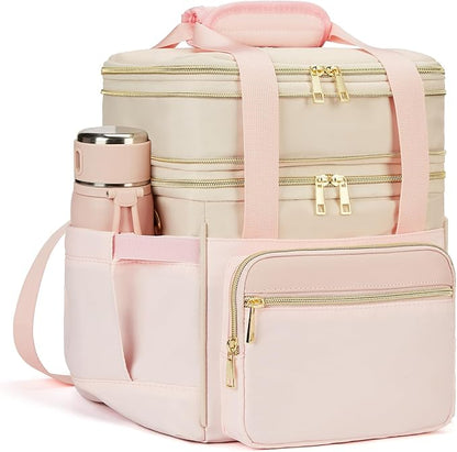 Insulated Lunch Bag & Lunch Box for Women - Double Deck Reusable Lunch Bag for men Tote Cooler Bag Leakproof Soft Expandable - Large Lunchbox for Work/Adult/Picnic/Outdoor (Pink，15L)