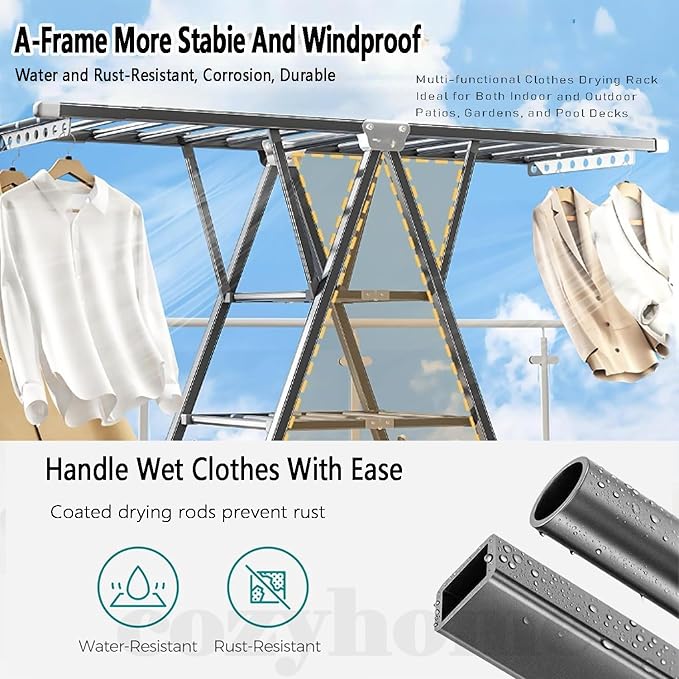 Heavy Duty Clothes Drying Rack Foldable - 71" Large Clothes Airer with Wheels, Extra-Thick Metal Laundry Dryer Stand, Free-Standing Design for Indoor & Outdoor Use