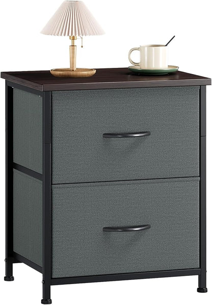Somdot Nightstand Set of 2 with 2 Storage Drawers, Small Bedside Table End Table, Wooden Top Fabric Cabinet for Bedroom, Kids Closet, College Dorm, Entryway, Charcoal Grey