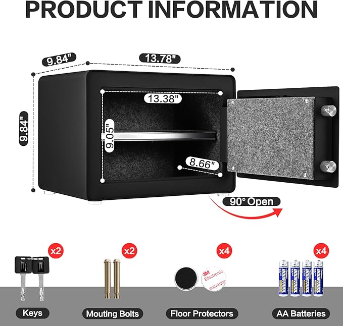 Safe for Home, 1.0 Cubic Feet Small Safe with Removable Shelf, Alarm System, Digital Electronic Security Money Box for Cash, Document, Home, Office, Hotel Use, Black, 9.84"D x 13.78"W x 9.84"H