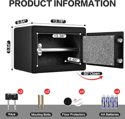 Safe for Home, 1.0 Cubic Feet Small Safe with Removable Shelf, Alarm System, Digital Electronic Security Money Box for Cash, Document, Home, Office, Hotel Use, Black, 9.84"D x 13.78"W x 9.84"H