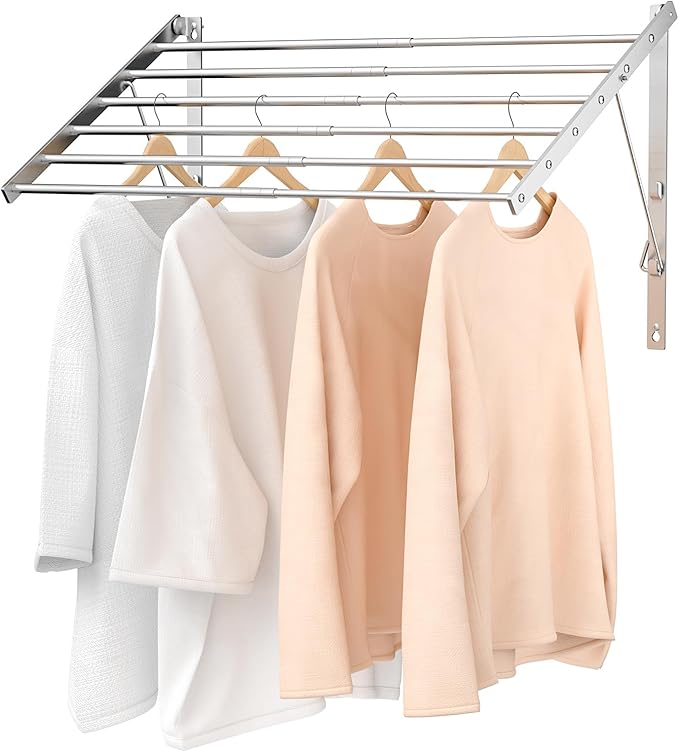 Wall Mounted Laundry Drying Rack, 29.92 inch Retractable Clothes Drying Rack, Foldable Laundry Rack Indoor with 6 Smooth Round Stainless Steel Rods, Space Saving for Laundry Room, Bathroom, Apartments