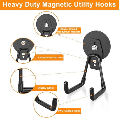 ENUODA Strong Magnetic Hooks Heavy Duty Neodymium Magnetic Tool Holder Magnet Garage Hooks for Hanging Broom, Mop, Power Tool, Toolbox, Shovel, Toolchest, Container, Van, Cabinet, Pegboard, 4 Pack