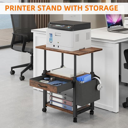 YAOHUOO Large Printer Stand with Storage Drawer and Side Bag, 3-Tier Height Adjustable Table for Home Office, Fits Heat Press/Laser/3D Printer (Rustic Brown)