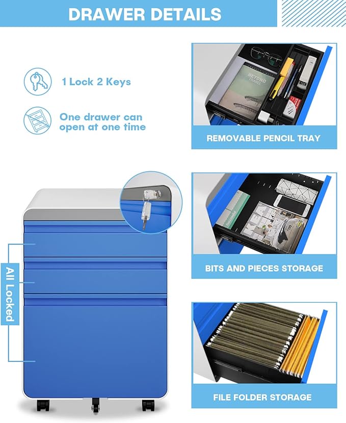 Dripex 3 Drawer File Cabinet, Metal Filing Cabinets with Lock Wheels & Hanging Rail for A4/Legal/Letter File, Anti-tilt Under Desk Design, Lockable Rolling Mobile File Cabinet for Home Office (Blue)