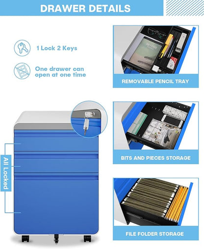 Dripex 3 Drawer File Cabinet, Metal Filing Cabinets with Lock Wheels & Hanging Rail for A4/Legal/Letter File, Anti-tilt Under Desk Design, Lockable Rolling Mobile File Cabinet for Home Office (Blue)