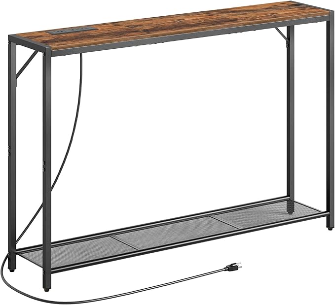 Sofa Table with Power Outlet, 43.7" Console Table with USB Ports, Behind Couch Table, Entryway Table for Living Room, Hallway, Foyer, Metal Frame, Adjustable Feet, Rustic Brown CTHR11E01Z1N1