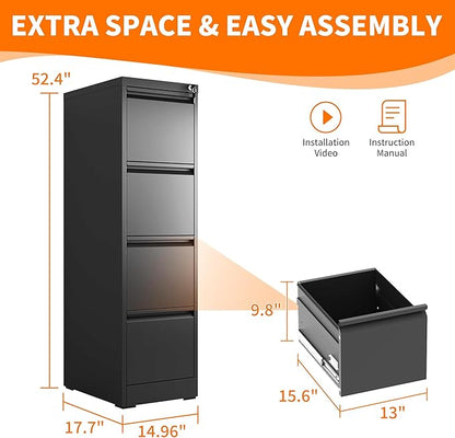 4 Drawer Metal File Cabinet with Lock Heavy Duty Lockable Filing Cabinets Home Office Steel File Cabinet Black Vertical File Cabinets for Legal/Letter Size File,Assembly Required
