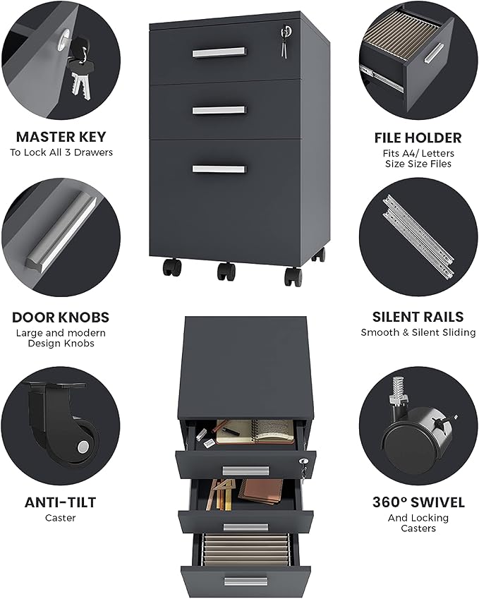 Modern Design Lazio Black File Cabinet, Filing Cabinets for Home Office, Drawers for Under Desk, Locking 3 Drawer Rolling Wood File Cabinet with Lock, by Crafts and Comfort