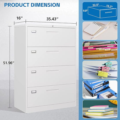 4 Drawer File Cabinet with Lock Metal Lateral File Storage Cabinet Office Home Steel Lateral File Cabinet for A4 Legal/Letter Size Wide File Cabinet Locked,Assembly Required (4 Drawer, White)