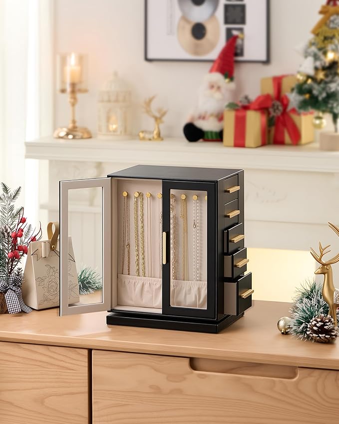 Lolalet Rotating 360° Jewelry Box, Clear Window Jewellery Storage for Earrings Bracelets Necklaces Rings, Large Vertical Organizer for Women, Valentine's Day Gift -Black