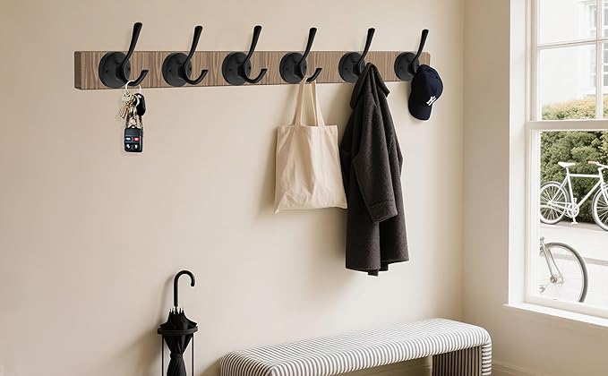 Matte Black Wall Hooks, 4 Pack Heavy Duty Coat Towel Hook Metal Double Backpack Hook Wall Mounted, Bath Towel Hooks for Entryway Cubicle Bathroom Closet Garage