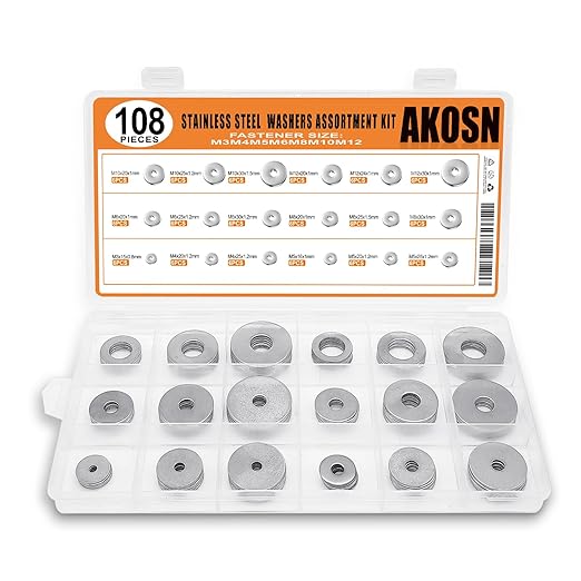 108-Piece, 18 Size, Stainless Steel Flat Washers Assortment Kit, Metal Screw Washers Set for Bolts, Industrial, Covering M3, M4, M5, M6, M8, M10, M12