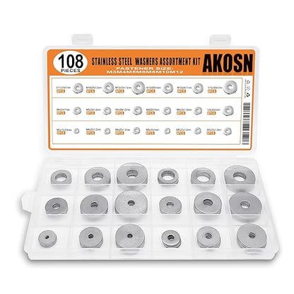 108-Piece, 18 Size, Stainless Steel Flat Washers Assortment Kit, Metal Screw Washers Set for Bolts, Industrial, Covering M3, M4, M5, M6, M8, M10, M12