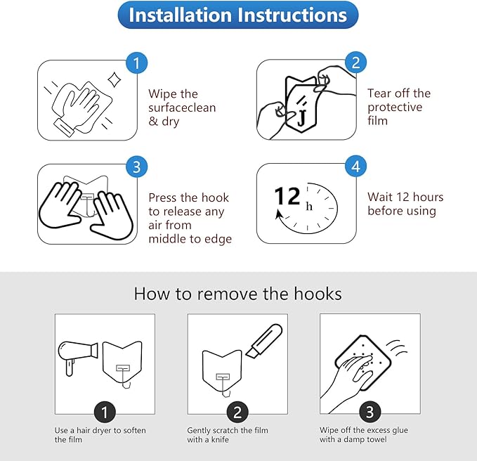 Heavy Duty Adhesive Hooks 12 Pack - Holds 15 lbs, No Drill Stick Plastic Hook Hangers for Hanging Towel Shower Bathroom, Kitchen, Cabinet - Strong Wall Hanger for Ornaments, Apartment Bedroom