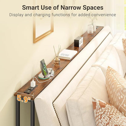 ELYKEN 5.9" Narrow Console Sofa Table with Power Outlets, Total 39.4” Long Behind Couch Table with Charge Station and 5.9’ Extension Cord for Living Room, 5.9" D x 39.4”W x 29.5”H, Rustic Brown