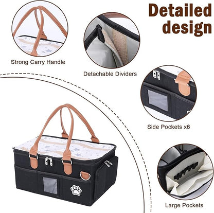 Felt Dog Grooming Bag,Portable Tote Bag for Dogs Cats,Dog Storage Organizer for Grooming Tool Kit,3 Compartments Pet Stuff Oganizers with 8 Pockets-Black