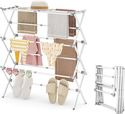 APEXCHASER Drying Rack Clothing - 3 Tier Metal Clothes Drying Rack Collapsible, Laundry Drying Rack Expandable, Small Clothe Airer for Baby Clothes Towel Bib Sock Indoor Outdoor Use(White)