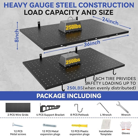 2-Pack 2 * 3ft Heavy Duty Garage Wall Shelving, 500 lbs Load Capacity, Garage Shelving Wall Mounted,Heavy Duty Garage Storage Shelves with Hooks