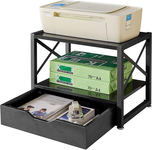 IBUYKE 2 Tier Desktop Printer Stand,Multi-Purpose Desk Organizer,Wooden Printer Stand with Drawer Storage for Folders,Books,for Fax Machine, Scanner,Home Office,Black TLJ006B