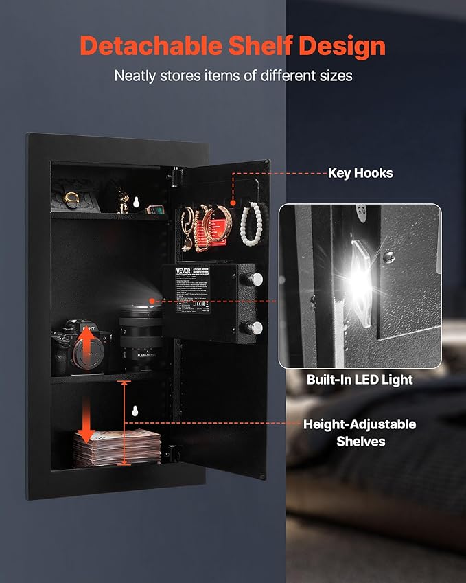 VEVOR 25.6" High Wall Safe, 3-Tier Hidden Wall Mounted Safe with Password & Key, Q235 Cold-Rolled Steel In-Wall Box with LED Lighting, 2 Adjustable Shelves & 5 Key Holders, Black