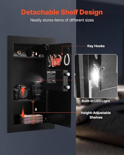 VEVOR 25.6" High Wall Safe, 3-Tier Hidden Wall Mounted Safe with Password & Key, Q235 Cold-Rolled Steel In-Wall Box with LED Lighting, 2 Adjustable Shelves & 5 Key Holders, Black
