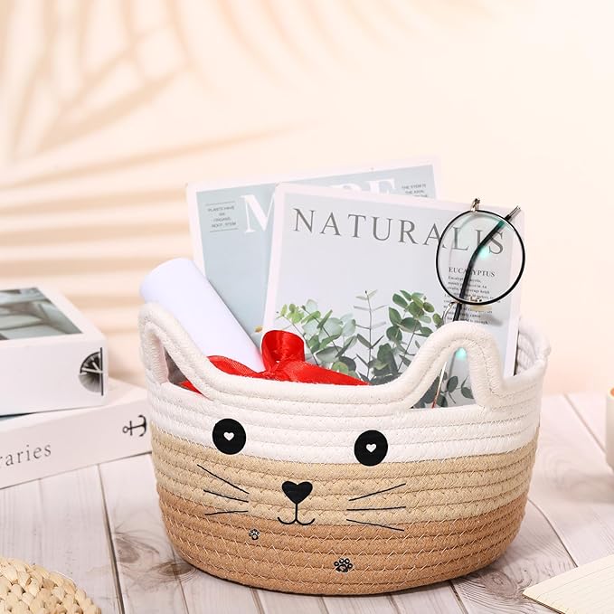 Zopeal Cat Basket Storage Woven Organizer with Ears Easter Decorative Gift Pet Toy Cute Cotton Rope Basket for Gift Cat Dog Toy Bin Nursery Room(8.3 x 4.7 Inch,White Khaki Brown)