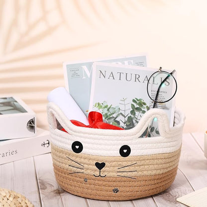 Zopeal Cat Basket Storage Woven Organizer with Ears Easter Decorative Gift Pet Toy Cute Cotton Rope Basket for Gift Cat Dog Toy Bin Nursery Room(8.3 x 4.7 Inch,White Khaki Brown)
