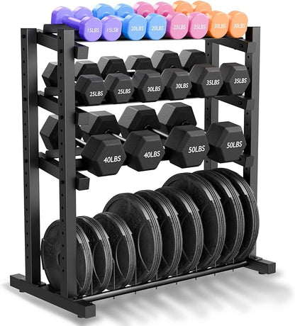 Upgraded 4-Tier Dumbbell Rack, 1100LBS Weight Rack for Home Gym, Barbell Holder Bumper Plate Storage Rack with Adjustable Height & Width Design, Heavy Duty Weight Storage Organizer (Rack Only)